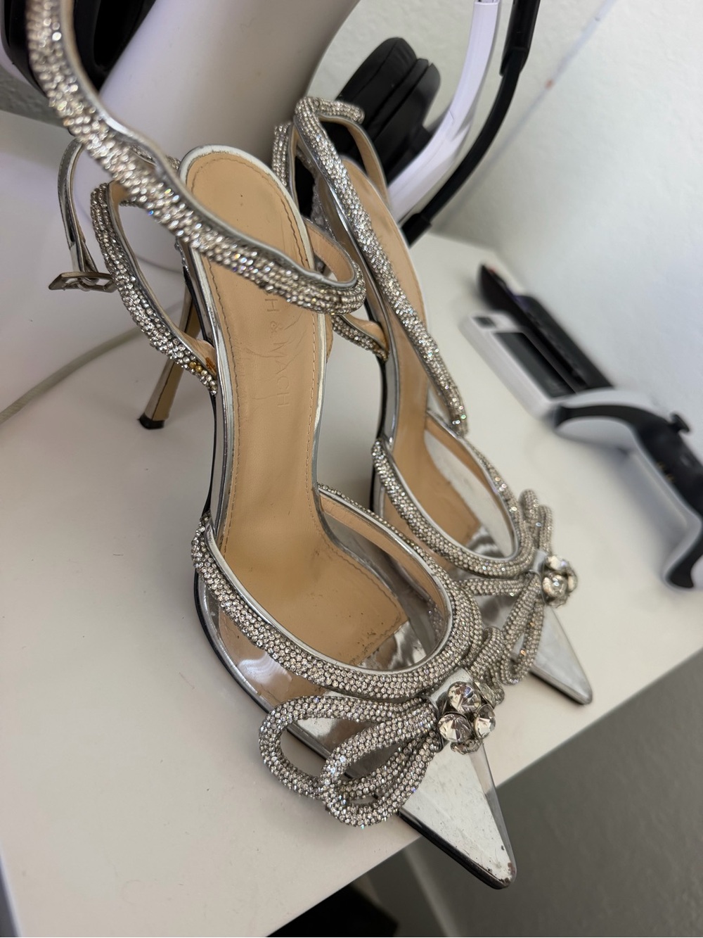 MACH & MACH Silver Crystal Bow Pointed-Toe Slingback Heels